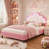 BRILVERDE Lit Rembourré 90x200 cm,Lit de Fille avec tête de LED réglable et sommier à Lattes, lit Fille, Design Forme Couronne pour Enfants et Adolescents,Velours (Rose et Blanc, 90x200)