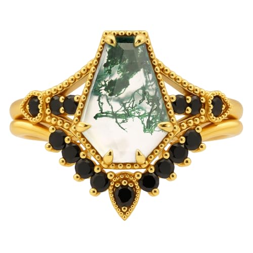 Black Wedding Ring Set For Women, 2.7 Ct Genuine Green Moss Agate Black Band Two-In-One Wedding Rings For Bridal Unique Coffin Cut Natural Moss Agate Engagement Ring Gift For Her4