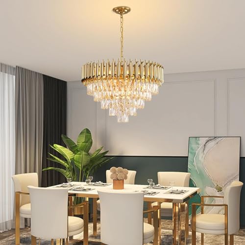 Image of Manraj Modern Crystal Chandelier, 600 mm Round, 5-Tier Pure Gold, K9 Crystal Ceiling Light Fixture for Living Room and Hallway (Pure Gold, 600mm)