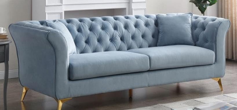 Image of Wood Supernal 3 Seater Sofa Set With Brass Legs Perfect Gives Luxurious Look For Home /Living Room /Office /Guest Room /Hotels /Lounge, 3-Person Sofa, Blue