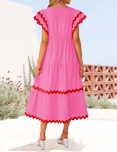 ZESICA Womens 2025 Summer Casual Midi Dresses V Neck Flutter Short Sleeve Ruffle Tiered A Line Flowy Beach Long Dress4