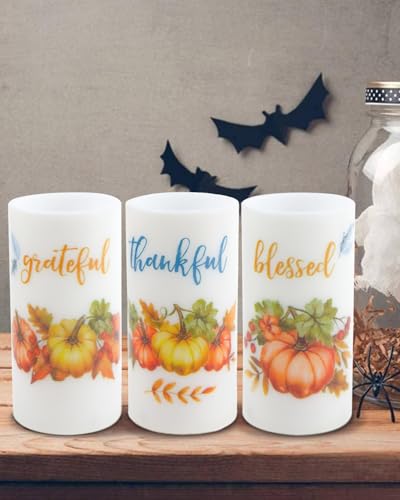 Image of 3 Pcs Pumpkin Flameless Candles with Timer Remote | Orange Maple Leaf Lights for Thanksgiving Theme Decor Autumn Fall Harvest Bathroom Decorations