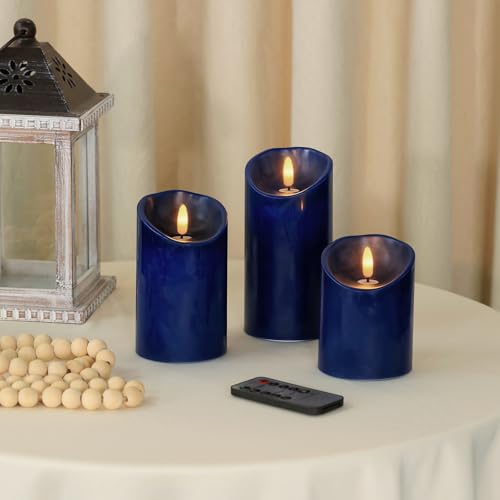 Image of Navy Blue Flameless Candles with Remote Timer, Real Wax LED Candles Flickering, 3D Wick Fake Candles Candles Battery Operated for Home Living Room Wedding Party Gifts, Navy Blue Decor, Set of 3