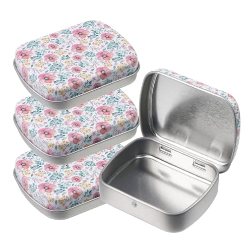 Mewutal 4pcs Red Floral Pattern Empty Hinged Tin Box Metal Tins Storage Box