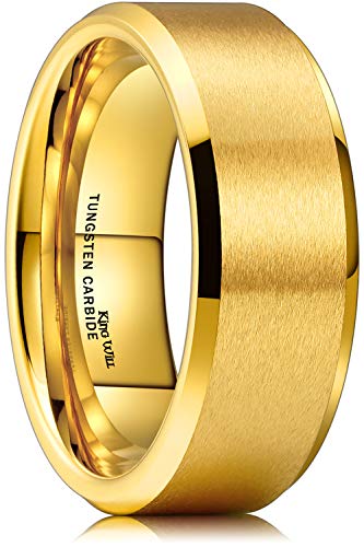 King Will 8mm Basic Wedding Ring For Men Gold Electroplated Tungsten Ring with Brushed Matte Surface Smooth Beveled Edge Comfort Fit 10.5
