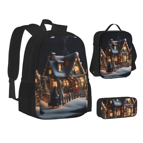 Christmas Village House 3-Piece Set Backpack, Lunch Bag, And Pencil Case, Casual Cute Sets For Travel And College2