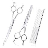 K KaCaKaCa Dog Grooming Scissors with Safety Rounded Tips, Professional 4 in 1 Pet Grooming Scissors Kit with Curved Dog Scissors for Grooming, Chunker Shears and Comb for Dogs, Cats and Pets