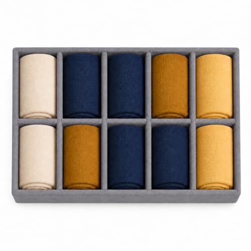 Image of 10 Slot Drawer Organizer Tray for Socks and Ties, Grey | Ten divided compartments keep socks, ties and small wardrobe accessories neatly arranged in drawers, wardrobes or closets.