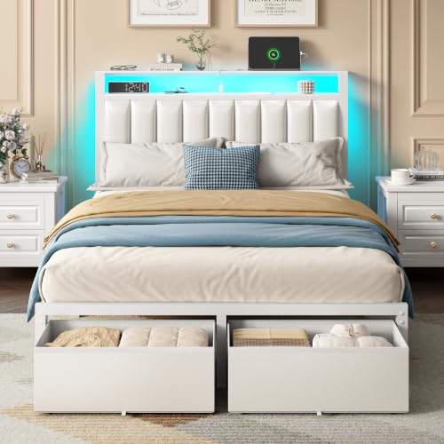 Image of Furnulem White Full Size Bed Frame with PU Upholstered Headboard, 2 Drawers