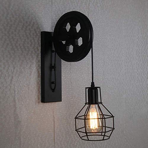 Aplique negro industrial de hierro con polea de elevación para iluminación interior retro 2