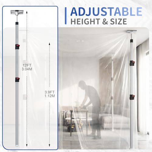 12FT Dust Barrier Poles, 4 Pack Zipper Wall Pole Kit, 3 Stage Telescopic Dust Barrier, Zipper wall Dust Barrier System with Portable Storage Bag, for Decoration, Remodeling, and Construction by BESTOCEAN - Image 2