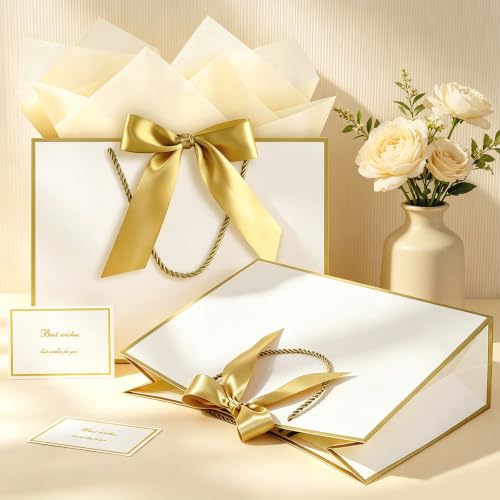 Image of JMANNI Gift Bags with Handles, 13 inch Medium Gift Bag for Presents, 4 Pcs Bags with 8 Tissue Paper and 4 Cards for Graduation Baby Shower Wedding Fathers Day Mother's Day Birthday Party(white gold)