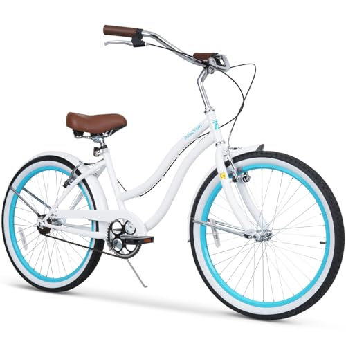RideOrigin Beach Cruiser Bike for Women and Men, 26 Inch Single Speed Adult Cruiser Bicycle with V-Brake Dual Suspension, Comfortable Seat Riding, Steel Frame Bike for Beach, City Rides White