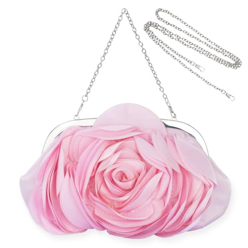 Little Floral Clutch Purse for Women - Elegant Rose Petal Evening Bag with Detachable Chain for Wedding, Gala, Prom, LightPink