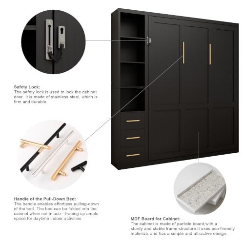 Image of KEIKI Queen Size Vertical Cabinet Murphy Bed with 1 Side Cabinet, Black