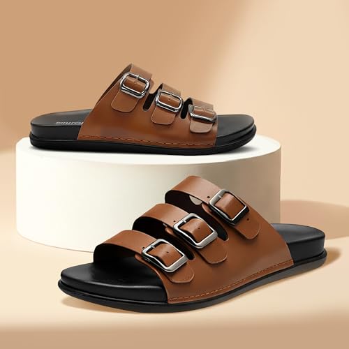 Image of Men's Premium Leather Toe Loop Slippers | Adjustable Buckle Slip-On Flats | Comfortable Cushioned Footbed | Casual Summer Beach Walking Slippers | Brown