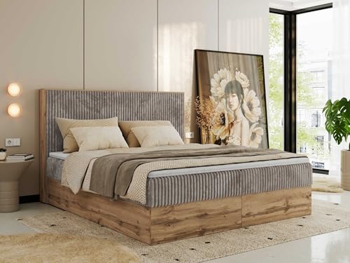 MKS MEBLE Boxspringbett 160x200 mit Bettkasten Holz Holzrahmen, Boxbett mit Matratze H3 und Kopfteil - Hellbraun Cord - Wood Classic MKS MEBLE Boxspringbett 160x200 mit Bettkasten Holz Holzrahmen, Boxbett mit Matratze H3 und Kopfteil - Hellbraun Cord - Wood Classic