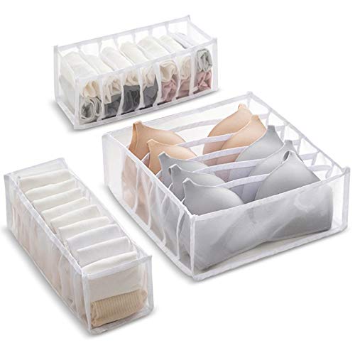 Underwear Organizer, Foldable Closet Storage Boxes Drawer Organizer for Underware,Bra,Socks, Optional 6+7+11 Cell or 3 Set ((White-3 Piece set)