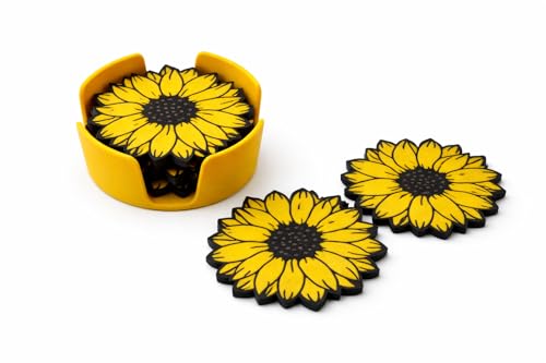 Sunflower Coasters with Holder Set Floral Drink Coasters for Tables Decorative Summer Coasters for Coffee Table Kitchen Patio Bar Cart Bright Yellow Flower Coaster Set