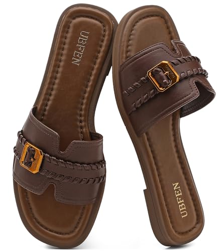 Image of UBFEN Womens Square Toe Flat Sandals Slides Dressy Comfortable for Beach