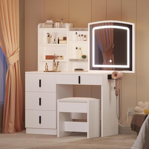 DWVO Makeup Vanity Desk with LED Lighted Mirror & Power Outlet, Fluted Large Vanity Set with 4 Drawers, 3 Color Brightness Adjustable, Lots Storage Dressing Table with Chair for Bedroom, White