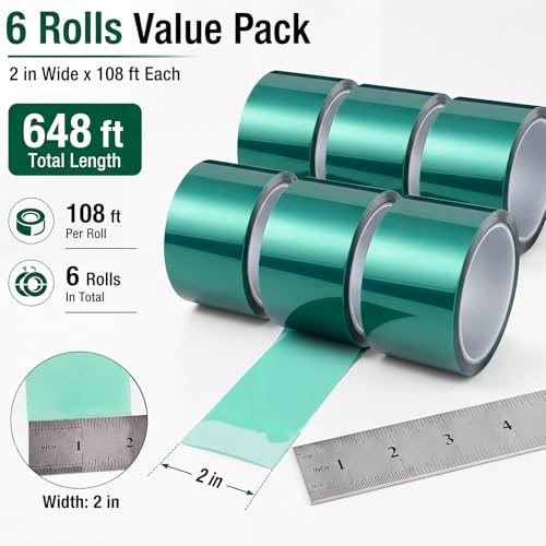 Image of 6 Pcs High Temp Tape Total 648 ft Green Pet Heat Resistant Masking Tape Sublimation Silicone Adhesive No Residue 392f for DIY Epoxy Resin Powder Coating Circuit Board (2 inch)
