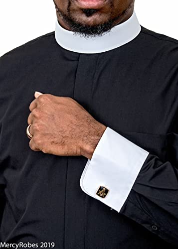 Mens Long Sleeve Standard Cuff Full Neckband Collar with Contrast Cuff Clergy Shirt | Black3