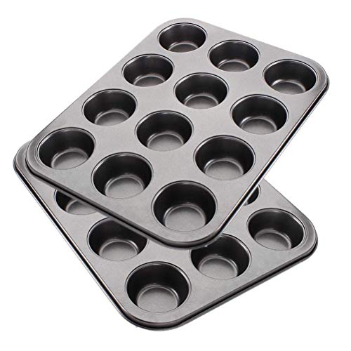 Tebery 2 Pack 12 Muffin Cake Pan Baking Tray Pudding Baking Pan Carbon Steel Muffin Cupcake Tin for Muffins Cupcakes Non Stick Ø 6.3cm 35.5x26.5x2.7cm Black