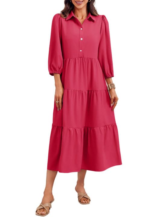 Image of Wenrine Womens Casual 3 /4 Sleeve Shirt Dress Button Down V Neck Tiered Collared Flowy Maxi Dress