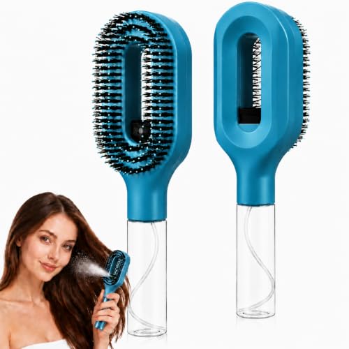2-in-1 Hair Brush with Water Spray Mister, Detangling Wet & Dry Hair Brush with Fine Mist, Anti-Frizz Portable Styling Tool for Curly, Straight & Thick Hair, Refillable Spray Brush (Light Blue)
