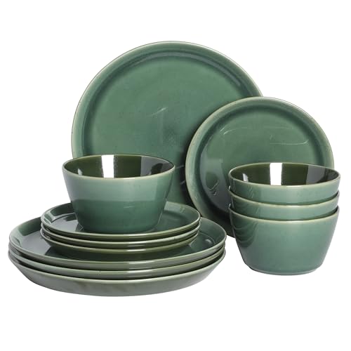 Image of Gibson Elite 12 Piece (Service for 4) Fern Canyon Plates and Bowls Reactive Glaze Modern Coupe Round Dishes Stoneware Ceramic Dinnerware Set - Glossy Green