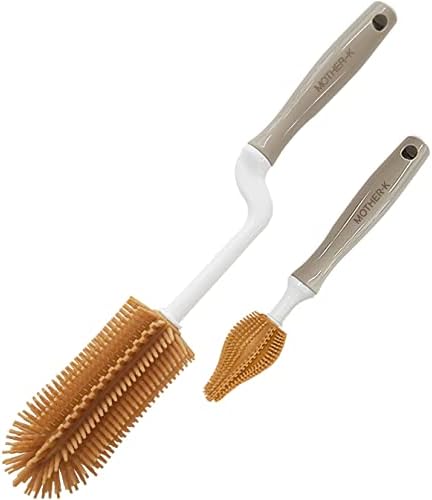 MOTHER-K Rotating Silicone Bottle Brush 2 Kinds of Sets, Silicone Bottle Cleaning Brush Water Bottle Cleaner for Washing Baby Bottles, Sports Bottle, Vase, and Glassware (Brown)