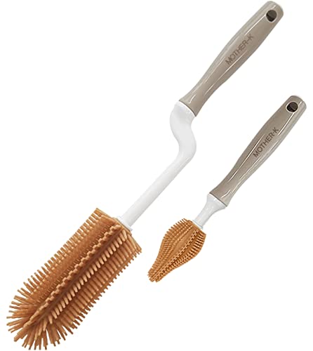 Mother-K Rotating Silicone Bottle Brush 2 Kinds Of Sets, Silicone Bottle Cleaning Brush Water Bottle Cleaner For Washing Baby Bottles, Sports Bottle, Vase, And Glassware (Brown) #TOP1