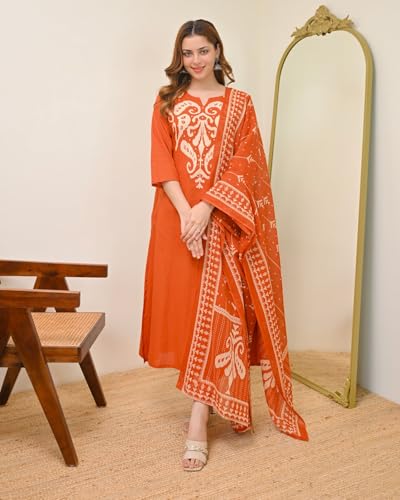 Image of GoSriKi Kurta Sets for Women Viscose Printed | Kurta Pant Dupatta Set | Straight Kurti Set for Women | Round Neck V-Slit 3 /4 Sleeve Ethnic Suit | Designer Indian Kurti Outfit with Pants