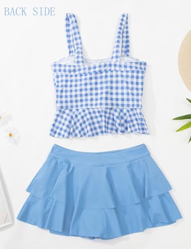 Image of KORADI Girls' Bikini Sets 2 Piece Swimsuits Check Print Ruffled Bathing Suit Kids Swimwear Beach Shorts with Cover Up Skirt Bow blue L, 11-12 Years