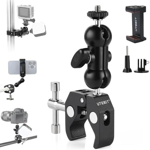 UTEBIT Super Clamp Camera Mount with 360° Ballhead Magic Arm, Super Clamp Mount with 1/4" and 3/8" Thread, Desk/Bike/Bicycle/Motorcycle/ Handlebar for GoPro, Phone, Camera, Monitor, LED Light
