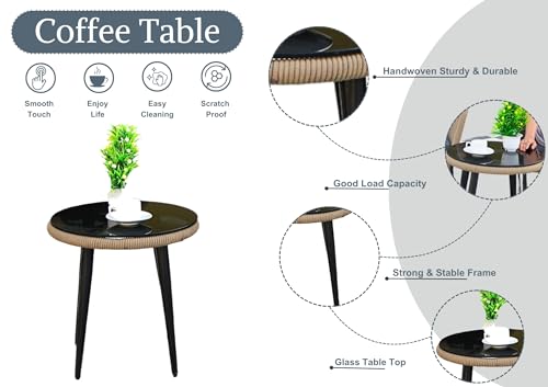 Image of DEVOKO Outdoor All Weather Rope Small Patio Furniture Set with Glass Top Table and Rope Woven Cushioned Chairs for Balcony, Garden, Lawn, Deck (Beige & Grey)