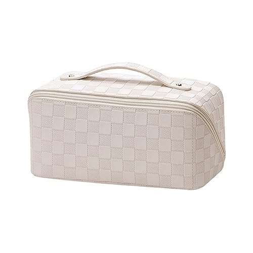 Grid Pattern Portable Large Capacity Makeup Bag, Travel Grooming and Storage Fashionable Small Bag(White)