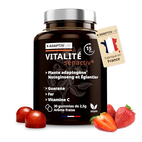 AdaptivLAB VITALITÉ SENACTIV Panax Notoginseng et Églantier Anti Stress Adulte Complément Alimentaire Gummies avec Vitamine C Fer et Guarana - Vegan et Végétarien Arôme Fraise Stress Resist Gummies