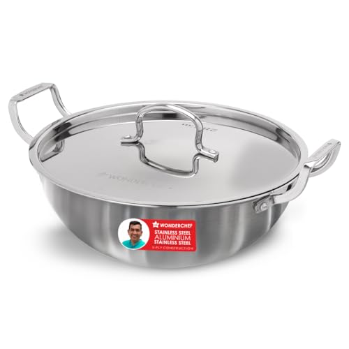Image of Wonderchef Stella Triply Stainless Steel Kadhai with Lid | 28 cm, 4.5 litres | Compatible with Gas Stove, Induction, Ceramic Cooktop | Non-Toxic | Heavy-Duty Handle | 10-Year Warranty