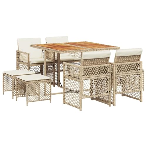 QJBSAVVA Salon de jardin 9 pièces avec coussins, beige, en polyrotin pour 4 personnes, cube peu encombrant, avec plateau de table en bois d'acacia, pour...