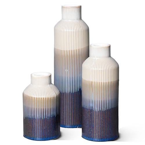 Blue and White Vase Set of 3, Blue Ceramic Flower Vase, Modern Decorative Vase for Home Decor, Table Mantel Entryway Shelf Living Room Kitchen Bathroom Decor