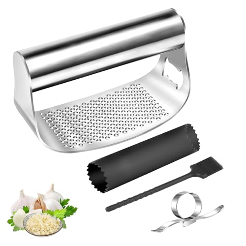 4-Teilige Knoblauchpresse Aus Edelstahl Mit Wippe, Silikon-Knoblauchschäler Und Einfacher Reinigung...