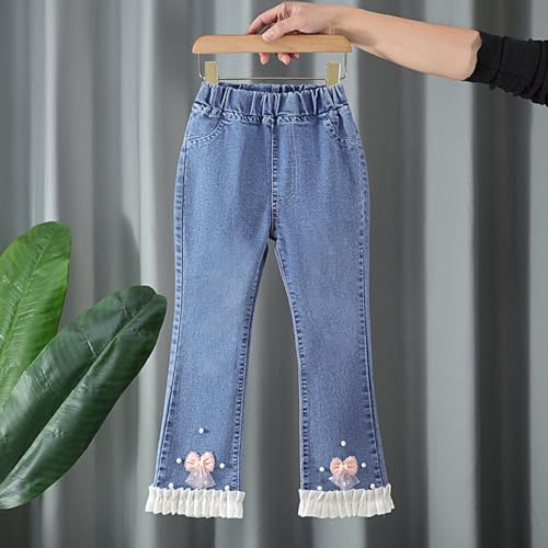 wodceeke Toddler Girls Flare Jeans with Pearls Bow Wide Leg Denim Pants Stretch Boyfriend Jeans Y2k Streetwear 4-14 Years3