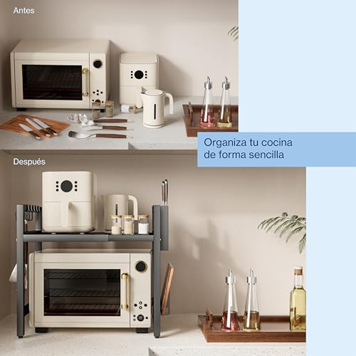 UTINEX® Soporte para Microondas Ajustable - Mueble para Microondas Cocina, Estante para Microondas Extensible, Organizador Encimera - 6 Ganchos, Portacuchillos y Soporte para Tabla de Cortar - (Negro) - imagen 7