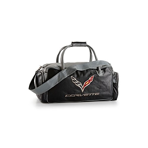 Corvette C7 Leather Duffel Bag with C7 Crossed Flags Logo 2014 2015 2016 2017 2018 (Black and Gray)