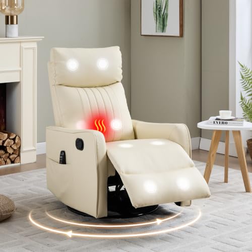 Image of Manual Swivel Rocker Recliner Chair for Adults, Overstuffed Reclining Glider Chair for Nursing with Vibration Massage & Heat, Living Room Rocking Recliner 2-Stage backrest, Faux Leather Light Yellow