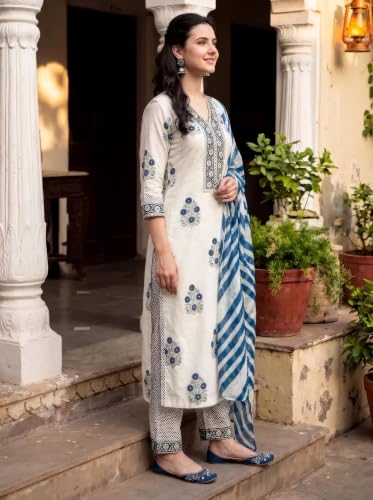 Image of Pinkmint Women Kurta Set Printed V Neck Stright Kurta & Bottom with Dupatta Set