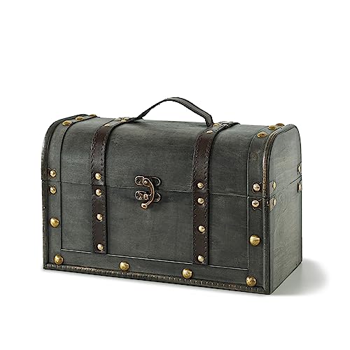 Soul & Lane Katherine Small Treasure Chest with Handle and Hinged Lid, Decorative Pirate Chest Trunk for Props and Home Décor, Vintage Wooden Storage Box for Keepsakes