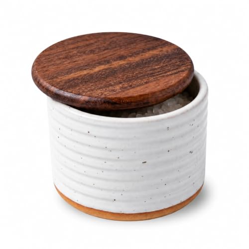 Ceramic Salt Cellar with Acacia Wood Lid
